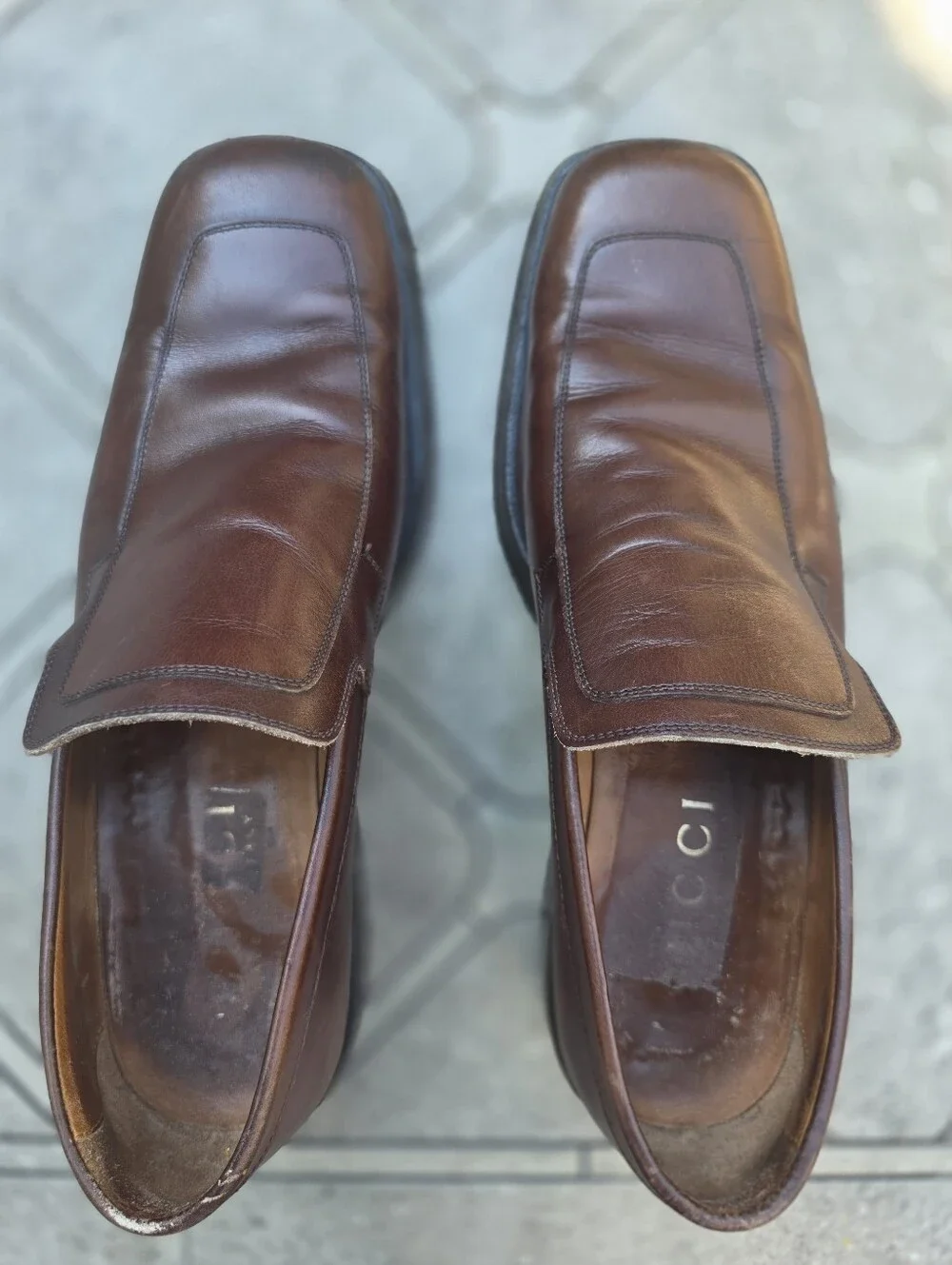 Gucci Vintage Brown Leather Square Toe Loafers Slip-On DressShoes Mens US 11.5 M